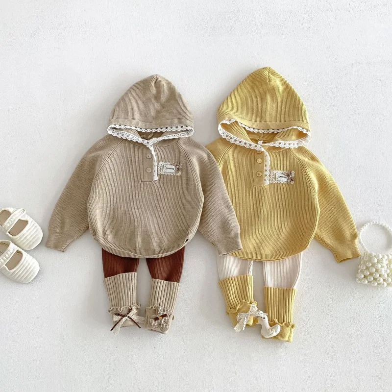 2026 Winter 6M-4Y Baby Girls Sets Knit 2PC Lace Trim Hooded Top Ruffle Cuff Leggings Soft Warm Children Outfit