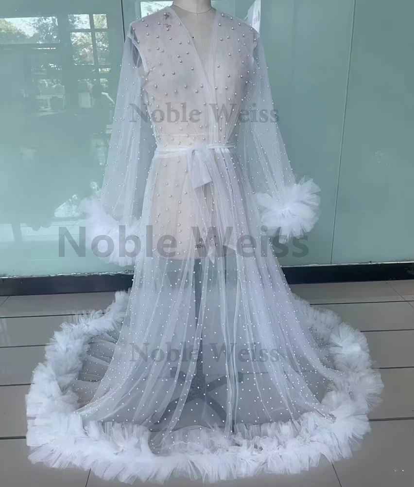 Bata de boda con volantes para sesión de fotos, vestido de fotografía con perlas para mujeres embarazadas, bata de tul para graduación de noche, albornoz, Chaqueta larga personalizada