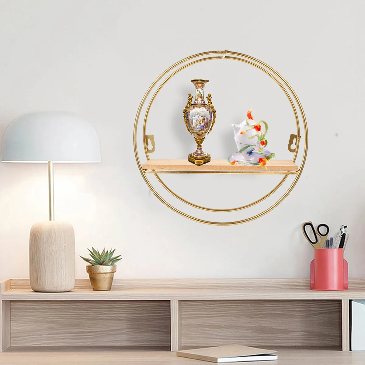 Round Shape Floating Shelf Nordic Style Wall Decor with Wooden Top and Metal Frame Geometric Wall Storage Rack Home Decoration
