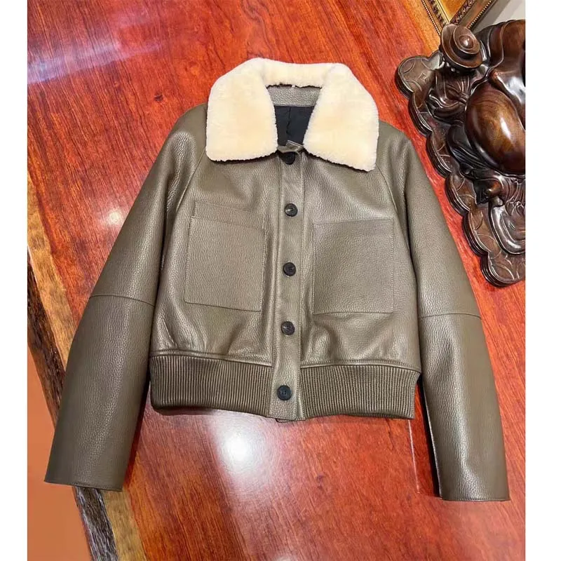 Abrigo de mujer invierno y otoño nueva llegada el forro está forrado con algodón chaqueta de piel de oveja auténtica cuello de lana grueso cálido