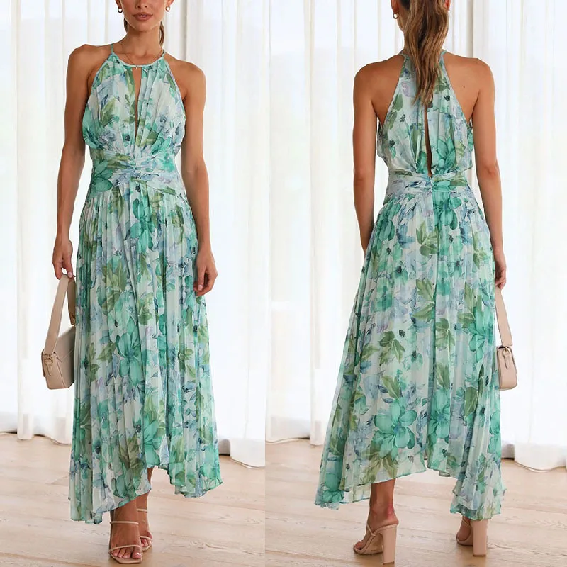 

Independent Station Summer Women's Halter SleevelessVCollar Printed Large Swing Maxi Dress