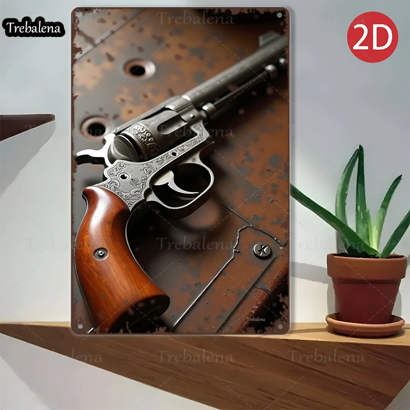 1 peça 2d plano 8*12 polegadas sinal de metal revólver vintage em metal enferrujado arte estilo ocidental