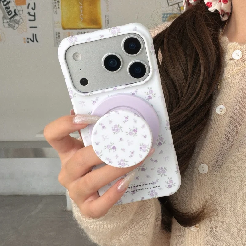 

Korean Ins Purple Flower Print Magnetic Phone Case For iPhone 17 15 Pro 16 Pro Max Cover with Stand For Magsafe Cases Cute Hard