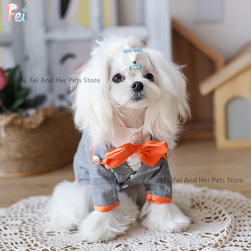 

British Style Pet Tuxedo Set, Plaid Vest & Orange Bow Tie Wedding Costume for Small Dogs Like Maltese, Prince Party Photo Attire