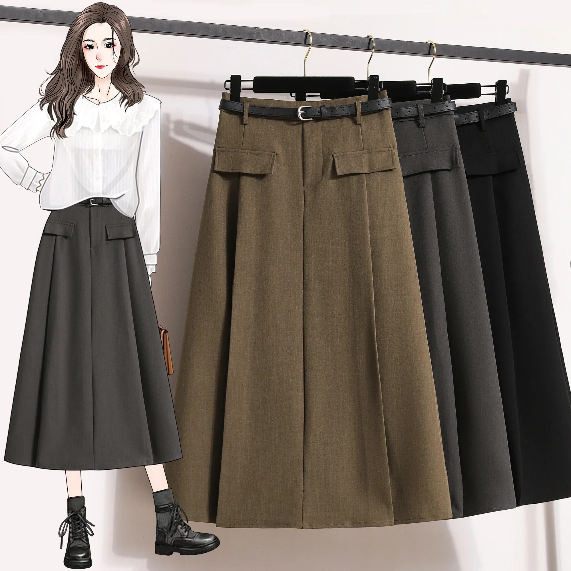 PopWith Belt Black Draped Bustier Skirt Female Fall New Korean Version Of The Loose Large Size Temperament Elegant Casual High W