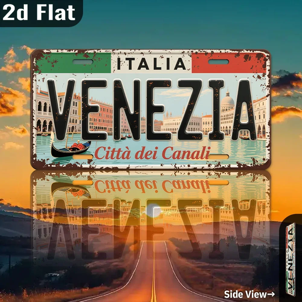 2D Flat - A 2D Metal Sign Featuring Vintage Italian Design, Made of Aluminum, Showcasing Venice. This Retro City Decoration