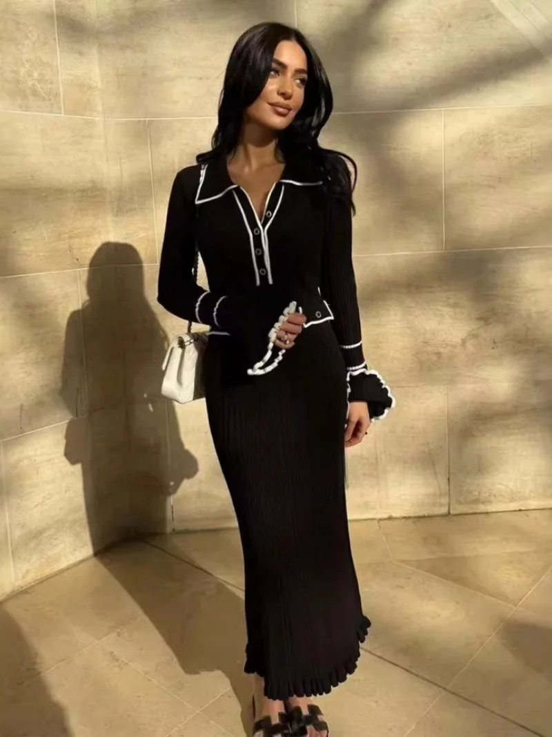 Elegant Knitting Slim Fit Dress Spring Clothes Women Ribbed Contrast Bodycon Long Dresses OL Style Knitted Sweater Dress Vestido