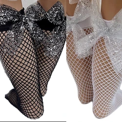 D7YD Toddler Girl Knee High Socks Over the Calf Fishnet Stockings with Glittering Bowknot for Kids Age1-2-3-4-5 High Elastic