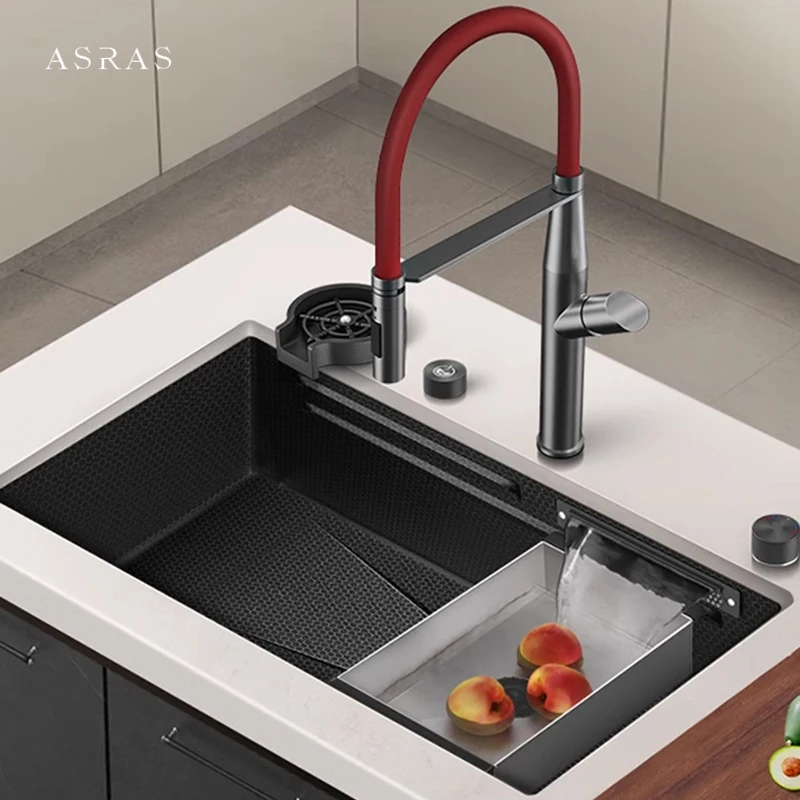 

ASRAS Single Large Size Nanometer Honeycomb Embossing Handmade Kitchen Sinks With Embedded Waterfall Faucet Island Sinks