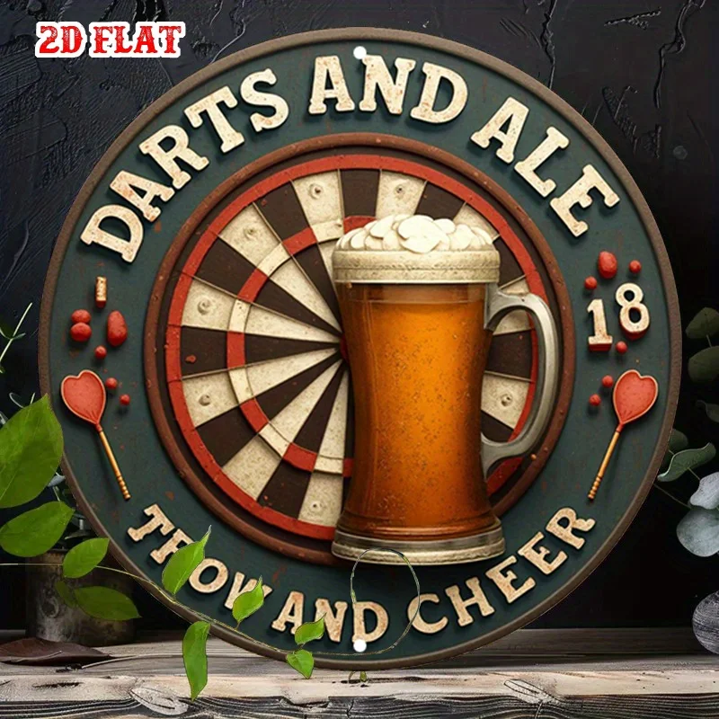 CIFBUY Vintage Cheers Beer Darts Round Aluminum Wall Art Waterproof Durable Rustic Metal Sign for Home Garage Bar Cafe Game Room