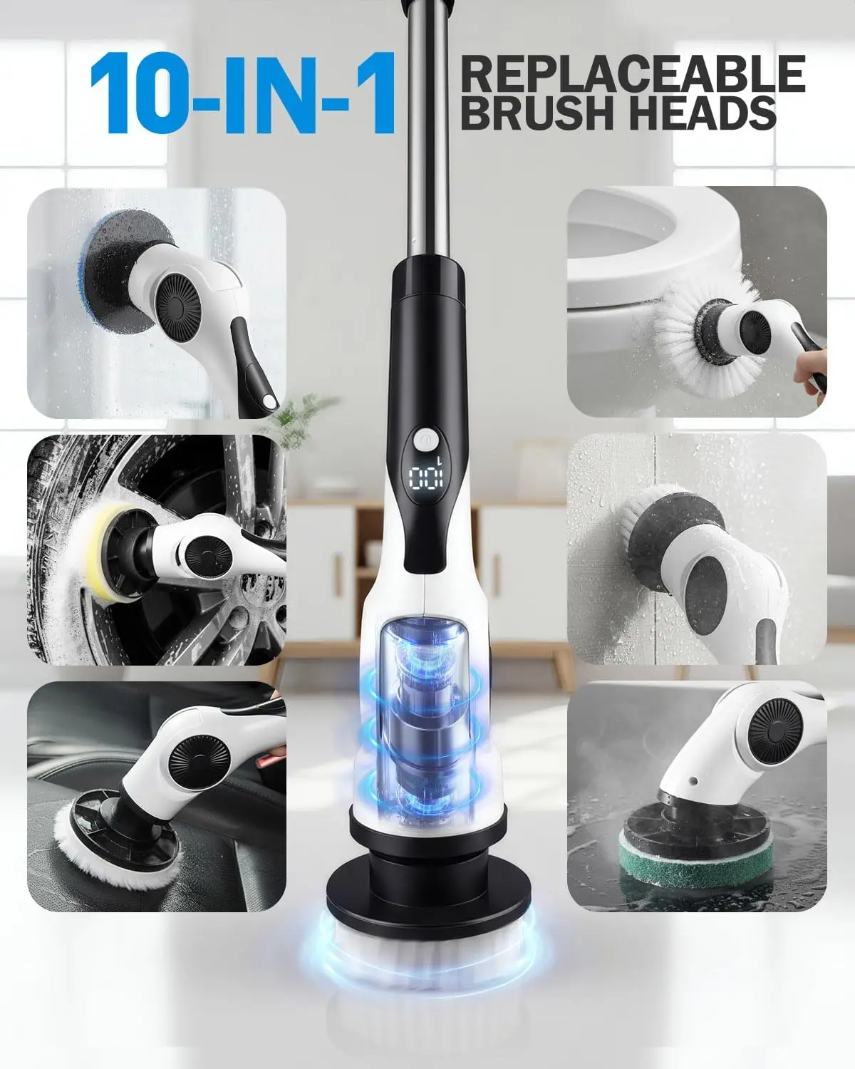Электрический скруббер с 10 насадками, водонепроницаемость IPX7, трехскоростная регулируемая чистящая щетка