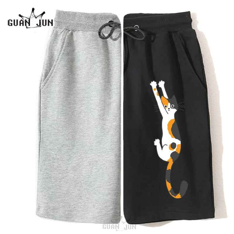 Cute Cartoon Calico Cat Hanging on Print Shorts Man Woman Casual Loose Beach 100% Cotton Short Pants Leisure Streetwear