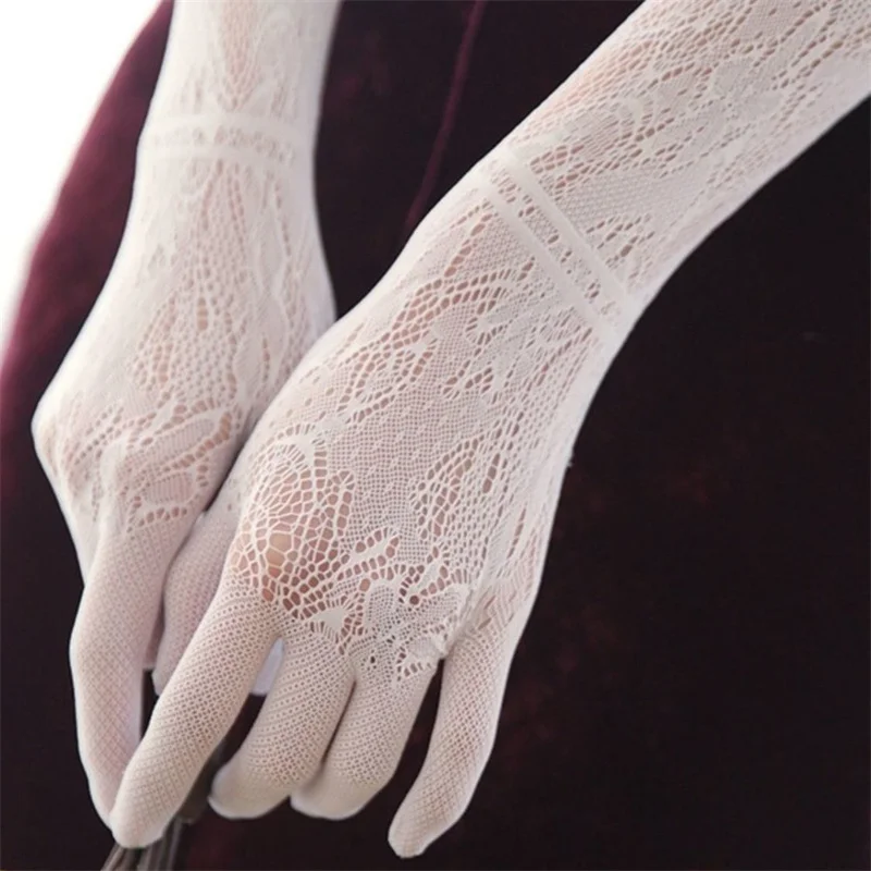 Retro High-end Lolita Elastic Long Lace Gloves for Nuns and Women White Silk Arm Set for Cosplay Props