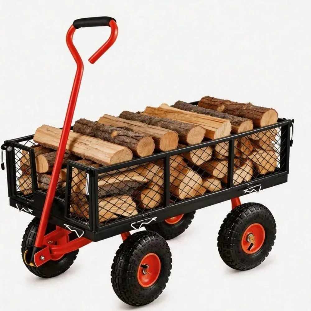 Heavy Duty Steel Garden Cart Wagon 500-1200 Lbs Capacity, 3 in 1 Convertible Utility Cart with Removable Mesh Sides, Dump Cart and Flatbed Sled Design, 10