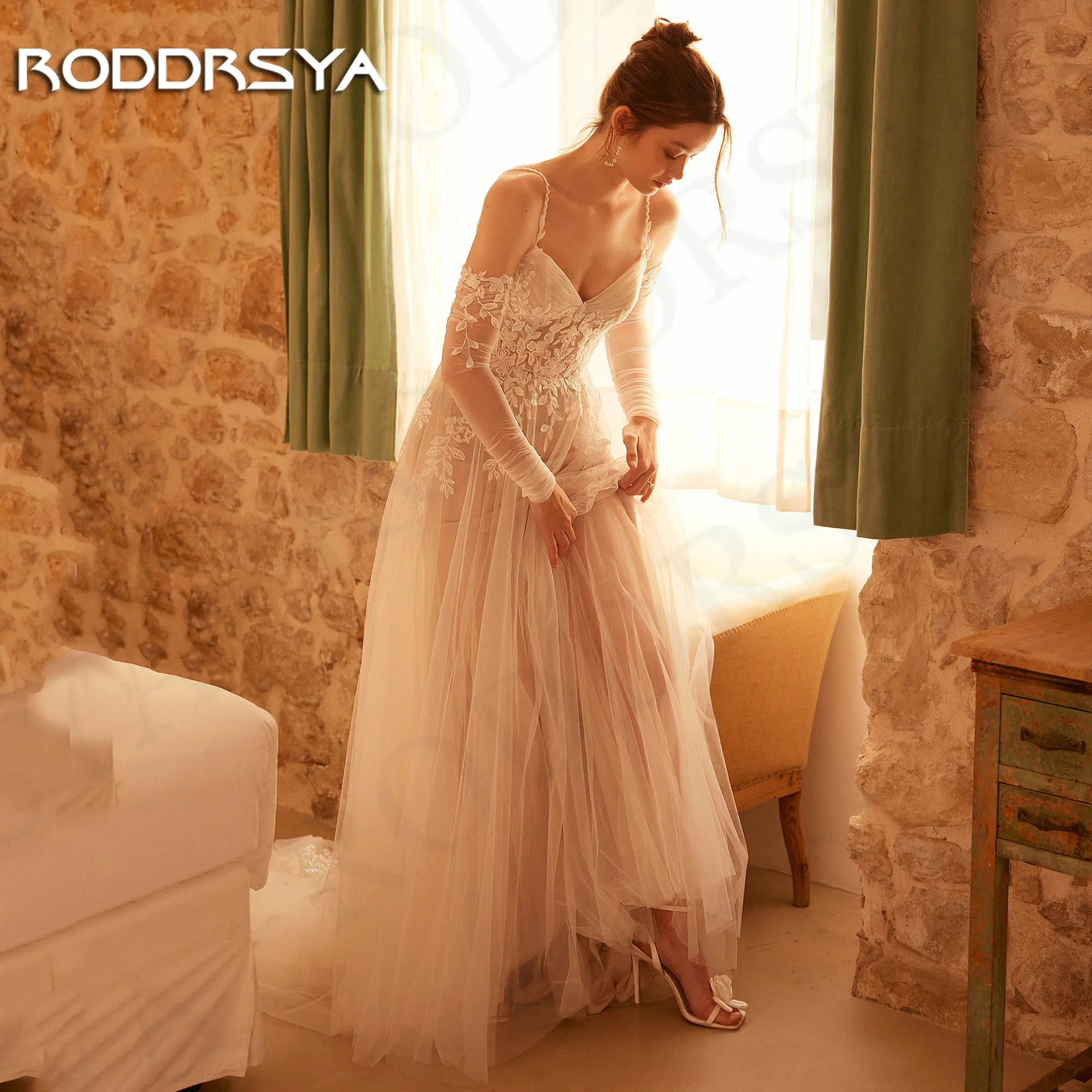 RODDRSYA Backless A Linha Vestidos De Casamento 2024 Encantador Tule V Pescoço Mangas Destacáveis Vestido De Noiva Apliques robes de mariée Vestidos de noiva em linha A sem costas 2024  Encantador vestido de noiva de t