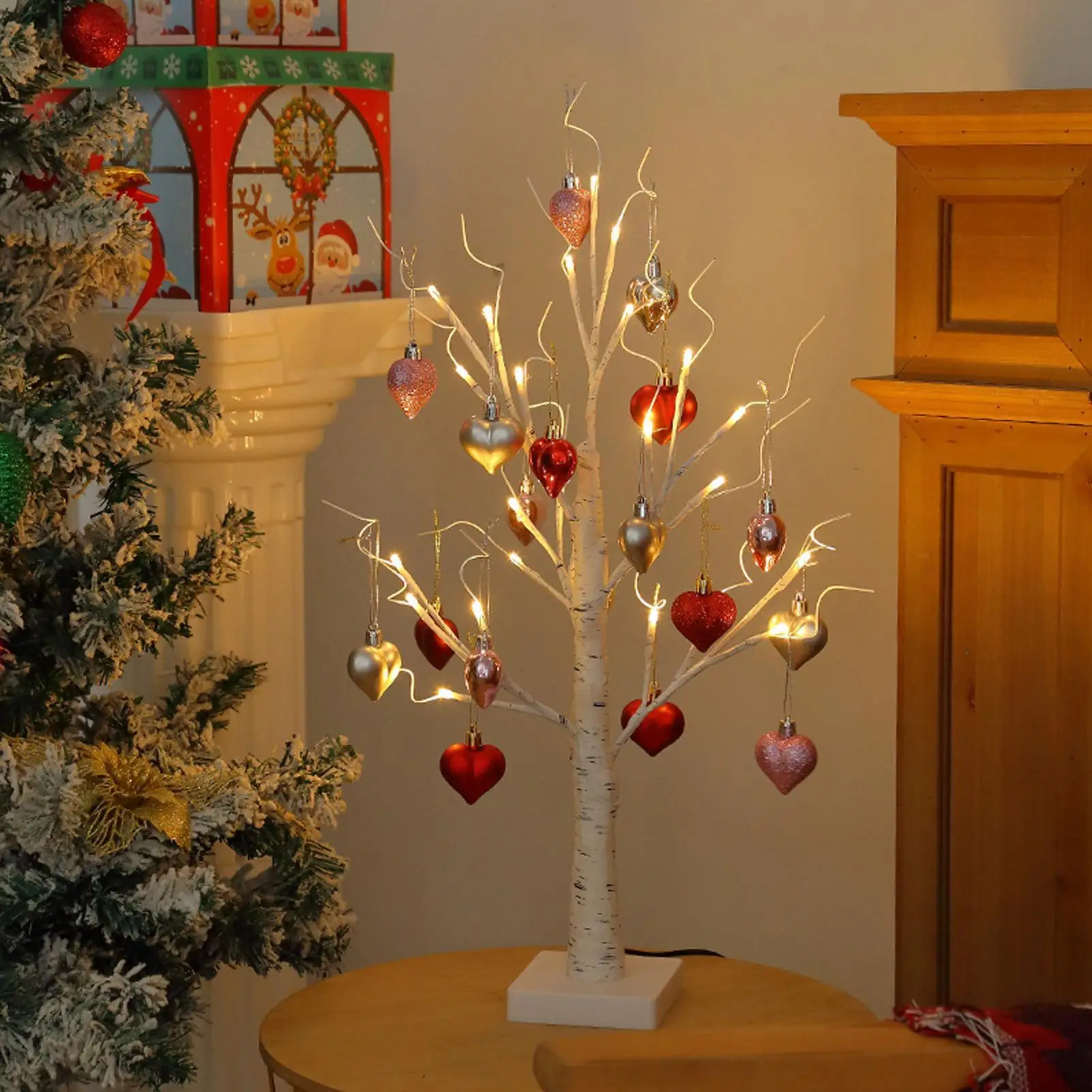 Light Up Trees Decor Indoor With 18 Heart-shaped Ornaments Birch Artificial Romantic Decorations Valentine Tree Light For