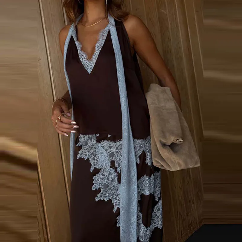 مثير الدانتيل والتطريز الربط تنورة الزي أنيقة الخامس الرقبة الدانتيل متابعة القمم وتنورة طويلة المرأة دعوى عادية أكمام الصلبة الساتان مجموعة #5