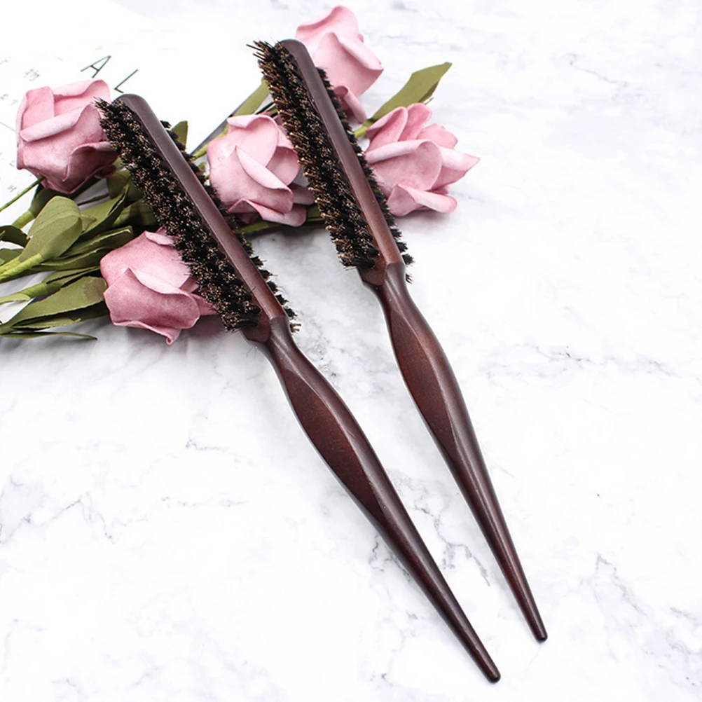 

2pcs Hair Brush Roller Comb Detangling Bristle Brush for Volume Frizz Reduction Salon Blowout Tool Wood Handle Pig Bristles