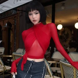 Fashion Sexy Mesh Bandage Skinny Cropped Tops for Women Red O-neck Long Sleeve Basic T-shirts 2023 Female Casual Clothing