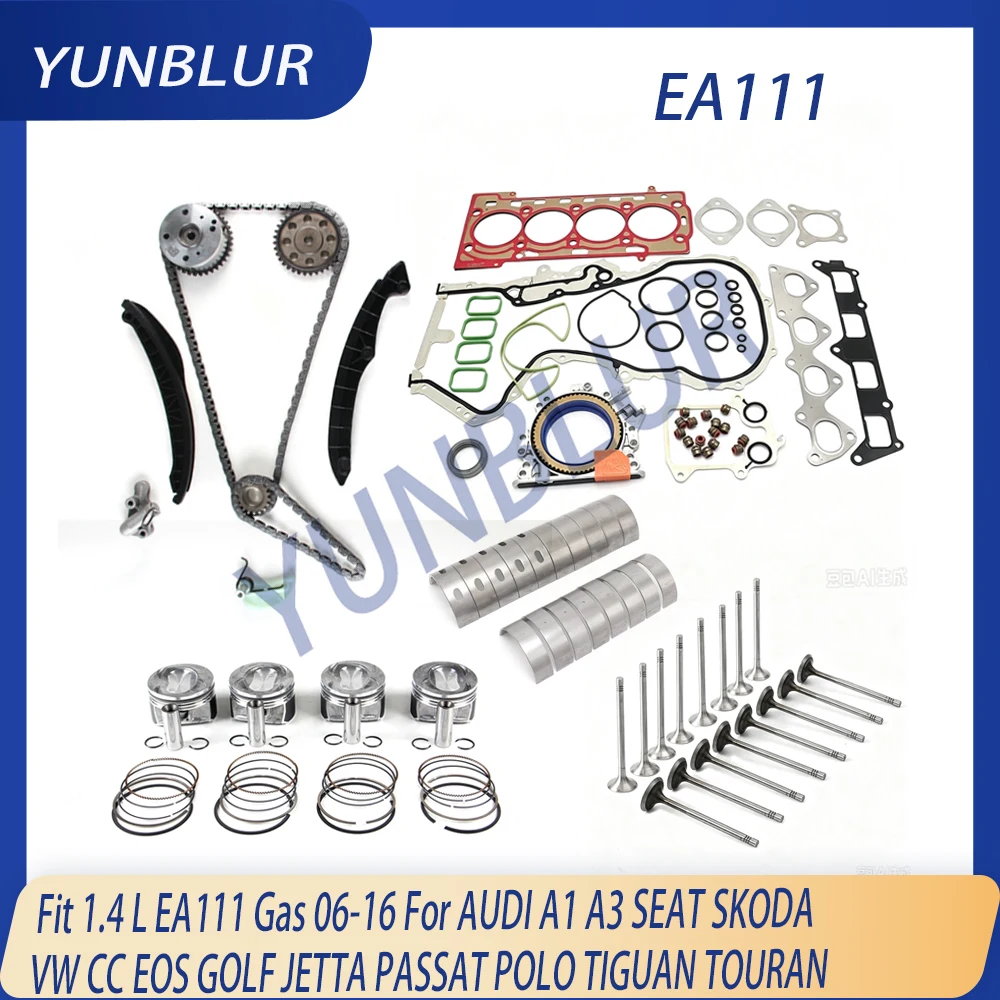 STD Rebuild Piston Bearing Timing Chain VVT Gasket Valve Kit Fit 1.4 L EA111 05-17 For AUDI SEAT SKODA VW GOLF JETTA PASSAT POLO