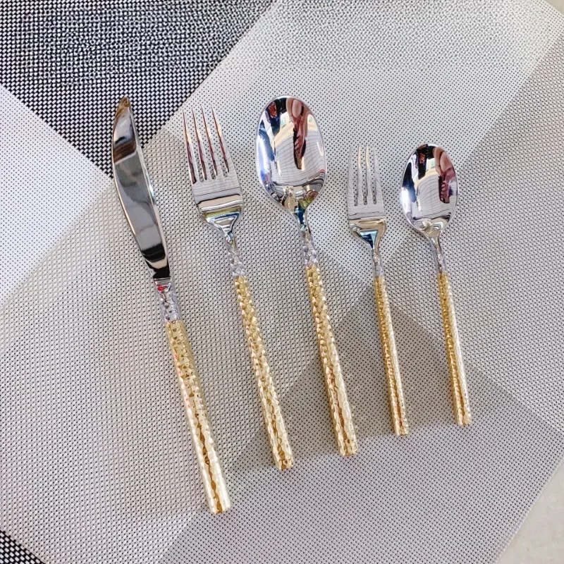 

Spork Hammer Point Knife and Fork Gold-Plated Western Tableware Hotel Supplies round Handle Dining Suit