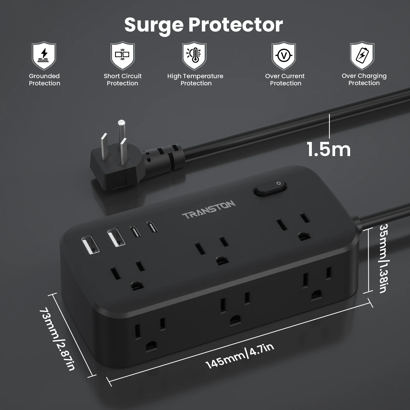 protection contre les surtensions pour bande d'alimentation noire avec 6 prises CA, 2 ports de charge rapide USB et 2 USB-C, 10 en 1,45 ° bouchon inclinable, Protection avancée