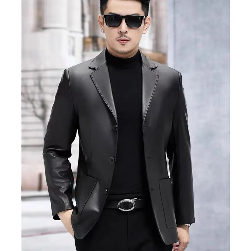 Men Genuine Leather Jacket Real Sheepskin Leather Suit Casual Black