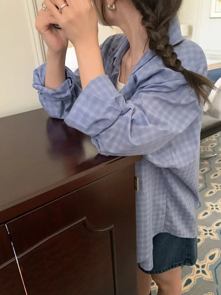 Primavera faion xadrez irt feminino coreano sle casual único botão longo sve turn-down colarinho vintage atarracado cardigan