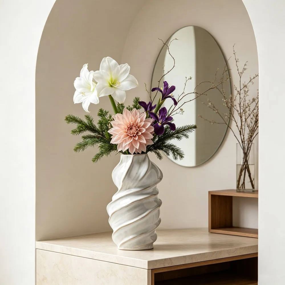 Modern Sculptural Swirl‑Ribbed Ceramic Vase Off‑White Textured Creative Table Centerpiece for Bedroom Entryway Home Decoration