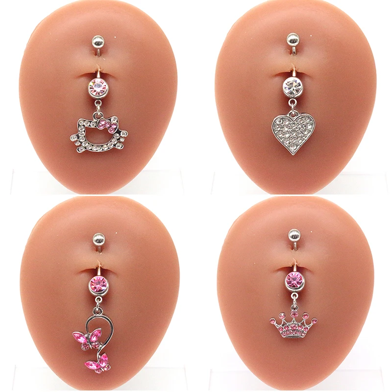 Anel de umbigo de aço inoxidável para mulheres, anéis de umbigo, joia piercing, borboleta rosa na moda, gato bonito, moda sexy