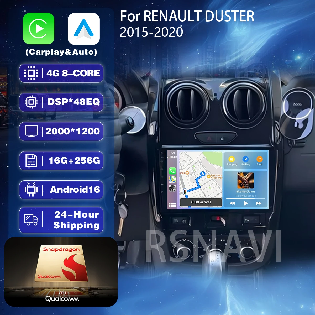 Rádio Multimídia para Carro Android 16 Carplay Auto com Tela 2K para Renault Duster 2015 - 2020, Estéreo Carplay Auto BT 2din WIFI+4G