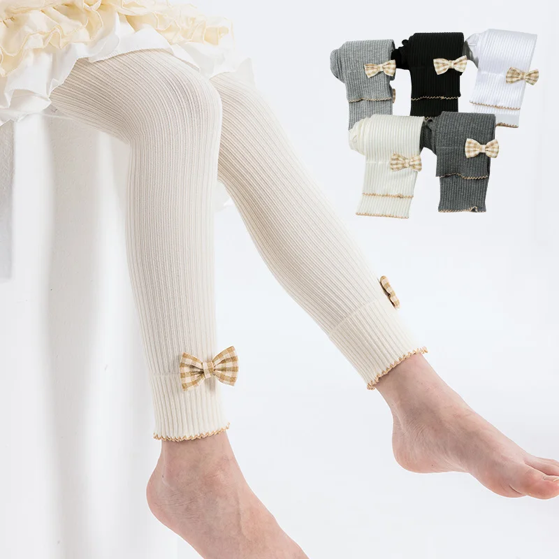 

Весенне-осенние милые леггинсы для маленьких девочек, мягкие теплые колготки в вертикальную полоску в клетку с бантом в стиле ретро, милые штаны с кружевной отделкой для девочек, девятиточечные штаны