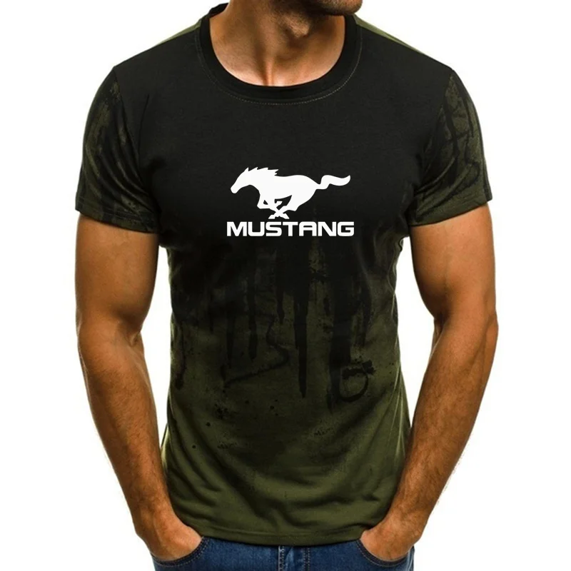 2023 latest men\'s fitness Mustang printing camouflage T-shirt short-sleeved shirt round neck fashion casual shirt cool T-shirt