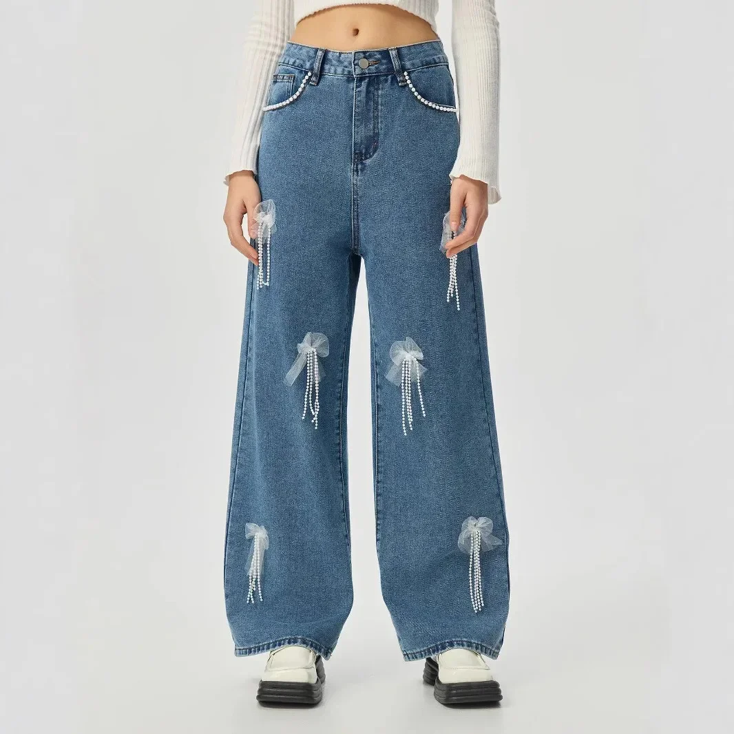 

Wide Leg Pants Jeans Women Vintage Denims High Waist Beading Washed Distressed Pockets Streetwear Female Straight Trousers