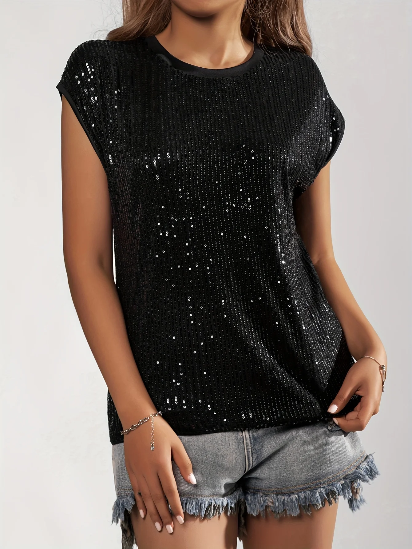 2024 Black Sequin Evening Decor Crew Neck T-Shirt, Elegant Batwing Designer Outfit Sleeve Top Summer, Women\'s Brand Clothing