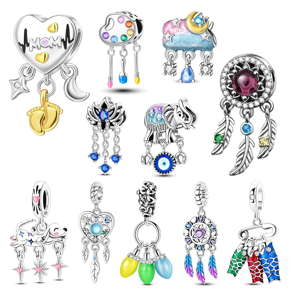 Exquisite 925 Sterling Silver Love Elephant Cloud Tassel Dream Catcher String Decoration Fit DIY Bracelet Necklace Cute Gifts