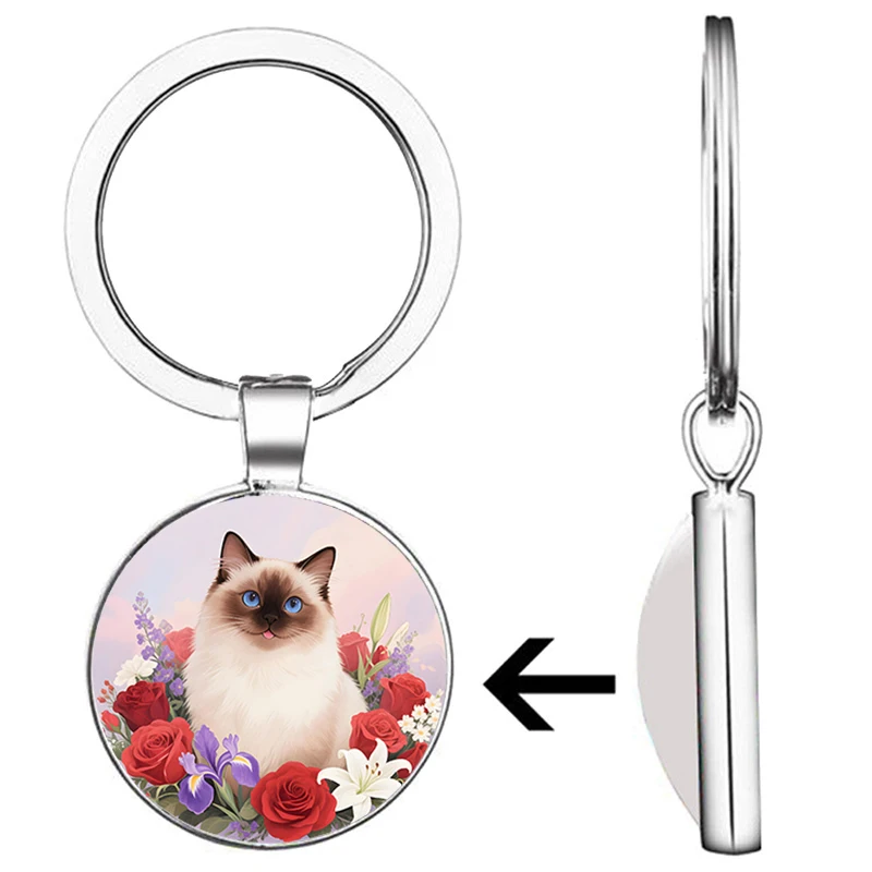 TAFREE Cute Pet Series: Smiling Cat in the Flower Sea Round Photo time gem glass alloy keychain Pendant girl Gifts DCY329