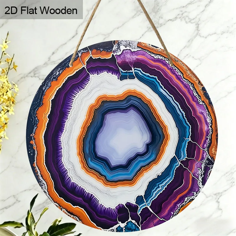 2D Flat, Round Boho Crystal Agate Geode Wall Decor - Slice Artificial Wood Hanging Sign with Jute Rope, Purple Orange Blue Suita