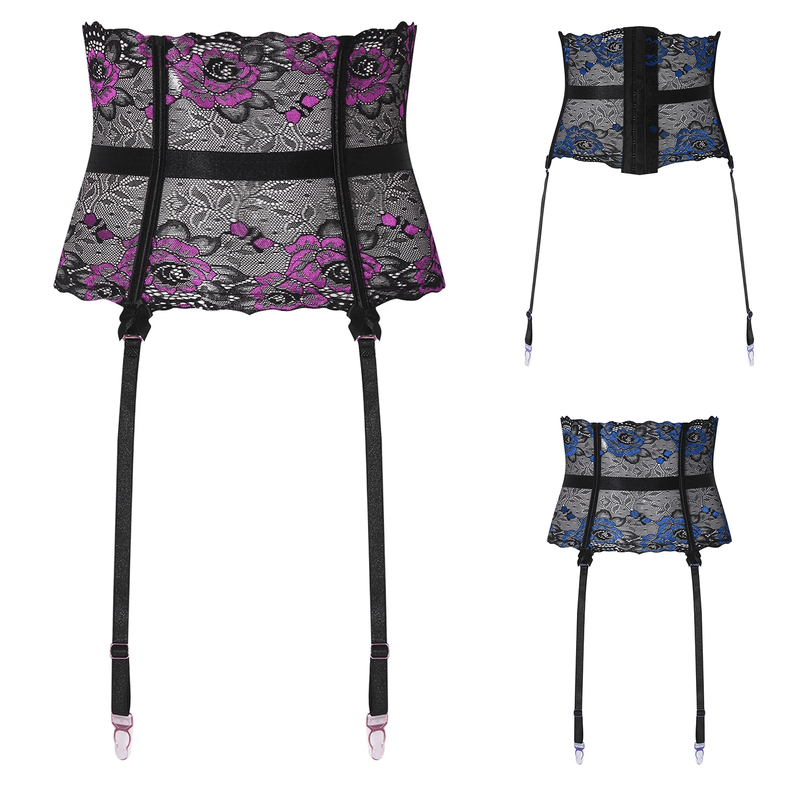 Womens Floral Lace Fishbone Waist Corset with Three Rows Hook-and-eye Closure and Four Garters for Sexy Lingerie Night Sleepwear