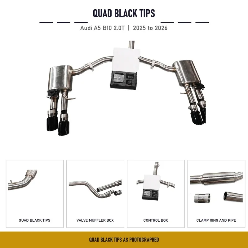 Audi A5 B10 2.0T Quattro Right Hand Drive Valved Catback Exhaust Direct Fit 2025 to 2026 Quad Black Tips and Valve Boxes
