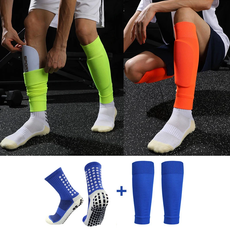 2 Pairs A Set Men Grip Soccer Socks and Knee Pads Calf Sleeves Adult Kids Non Slip Leg Shin Guards for Basketball Football Sport