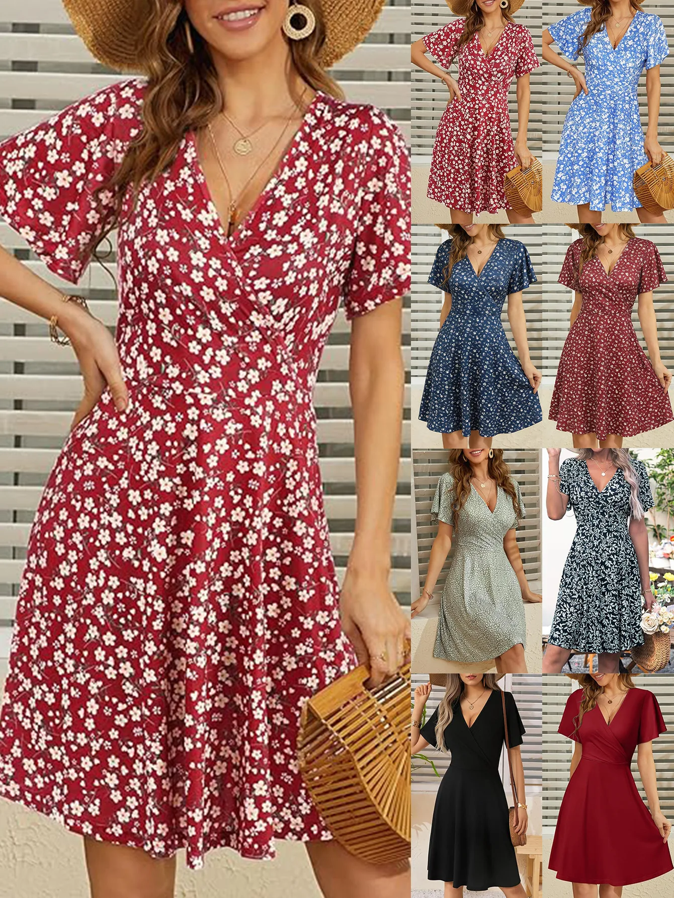 Sommer-Neuheit für Damen: Blumenprint-Kleid mit Kurzen Ärmeln, Wickel-V-Ausschnitt und A-Linie, Modisches Urlaubskleid für den Strand