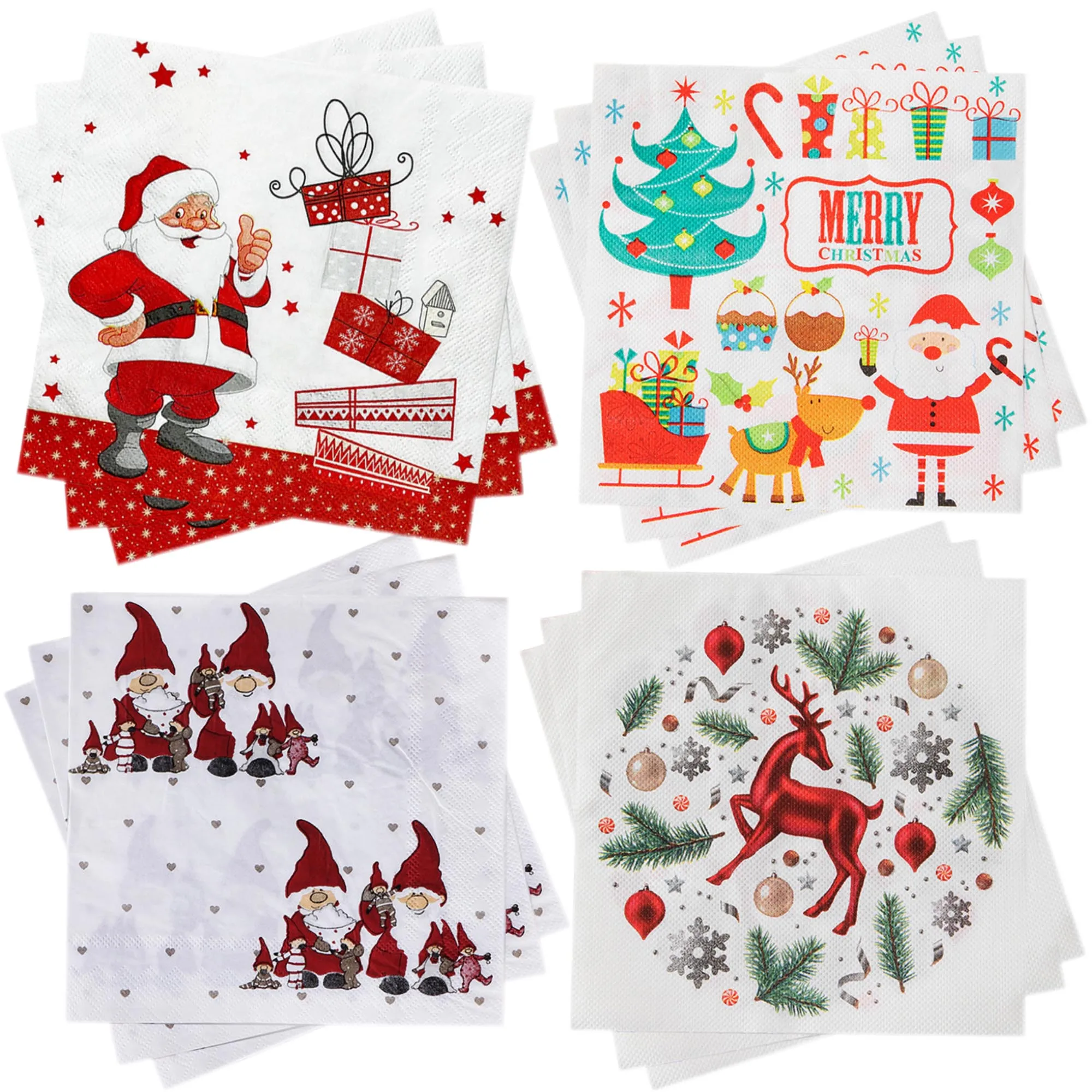 4Styles Assorted Christmas Disposable Napkins Snowman Santa Claus Christmas Tree Elk Napkins for Xmas Table Decor Party Supplies