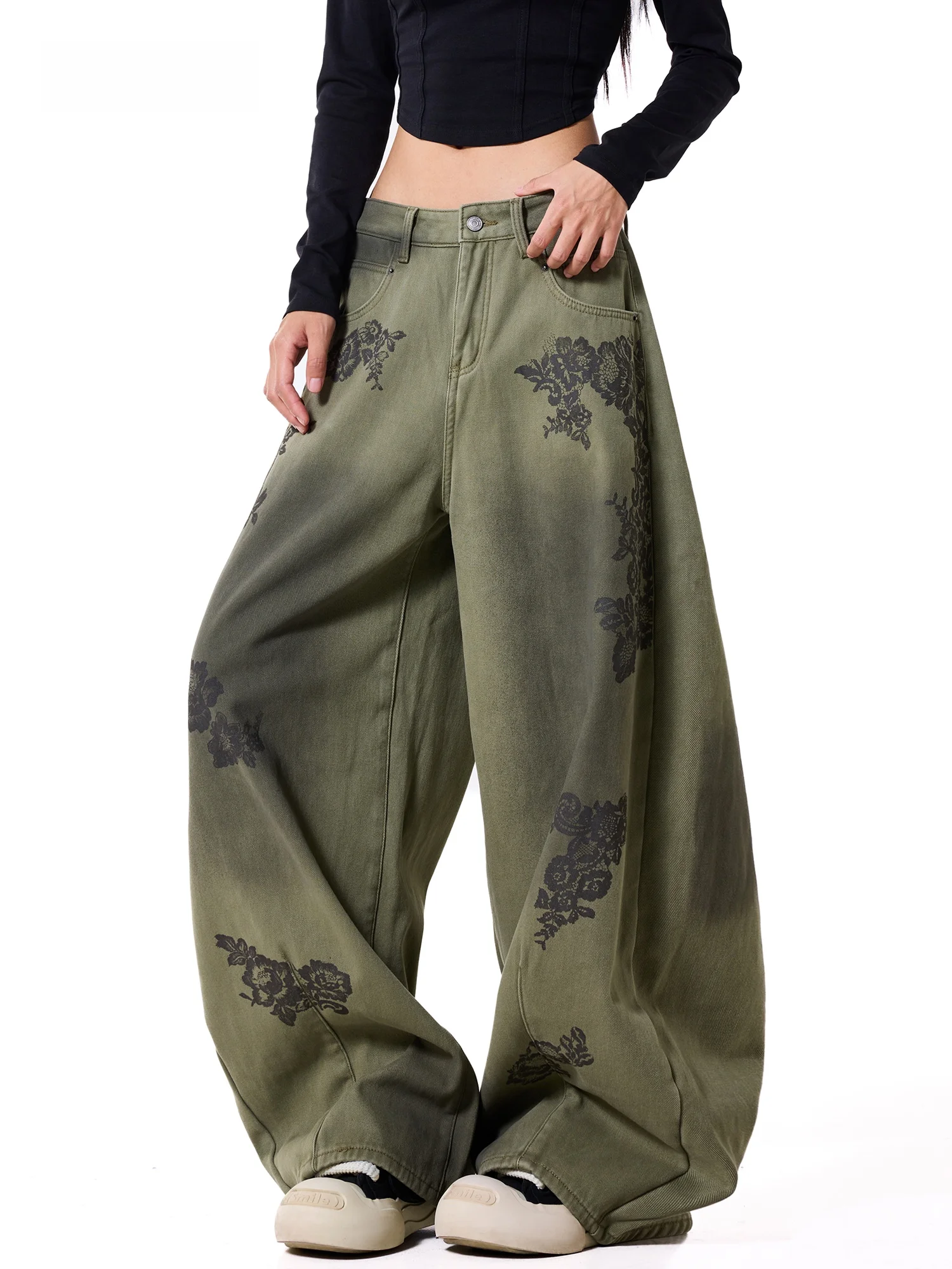 High Waist Wide Leg Jeans Women's Autumn Winter Fleece Lined Print Design Casual Comfortable Breathable Cotton Denim Pants
