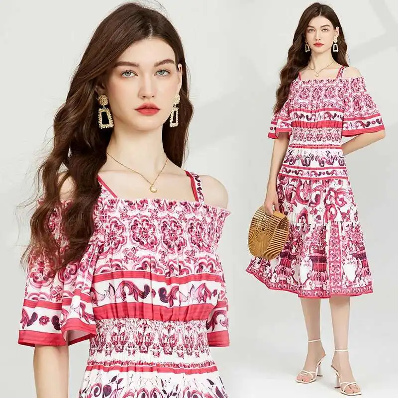 Summer Runway Designer Holiday Cotton Dress Women's Spaghetti Strap High Elastic Waist Blue White Porcelain Print Midi Vestidos