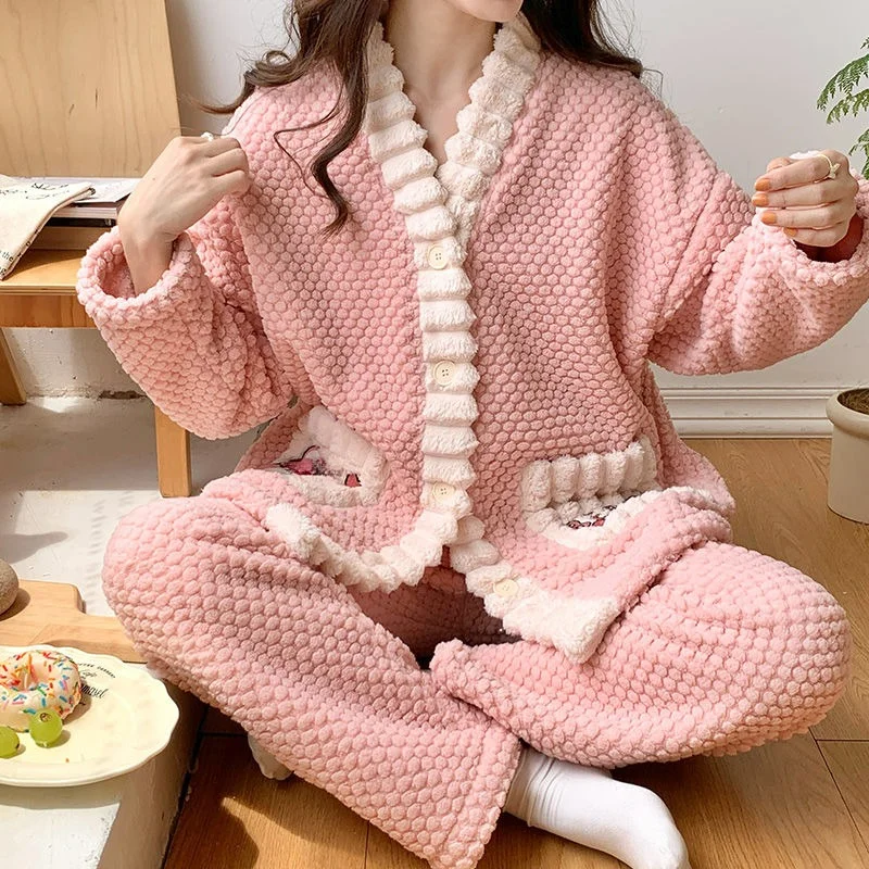 

Winter Women's Pajamas Flannel Long-sleeved Winter Coral Padded Warm Home Wear Sweet and Good-looking Comfortable Simplicity