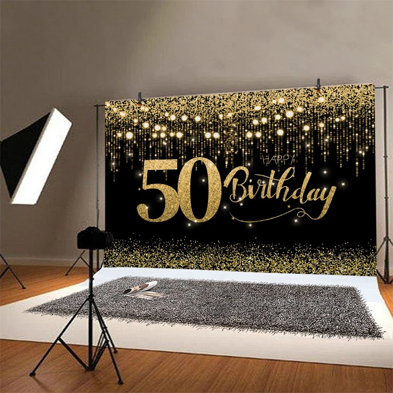 Черный золотой фон для фотосъемки с изображением женщины мужчины с блестками на день рождения 50 лет фото фон Плакат Украшение