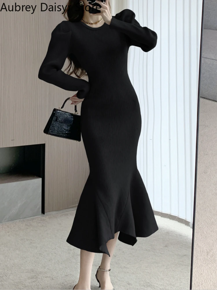 

Winter Elegant Knitting Long Dress Women Vintage Pretty Dress Casual Slim Evening Party French Hepburn Style Office Lady Dress