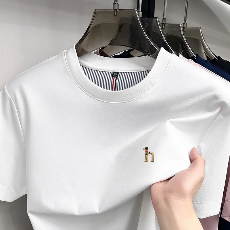 

Дизайнерские бренды шелковый хлопок футболки с короткими рукавами модные мультфильмы вышивка мужские летние корейские рекреационные круглые воротники рубашки