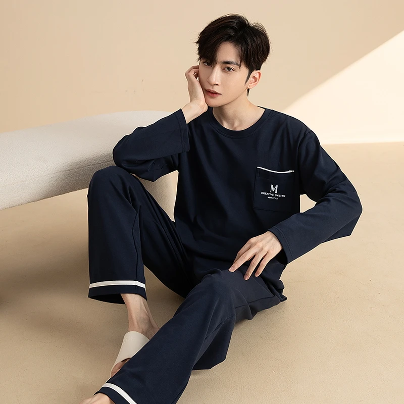 Men Pyjama Set Spring knited Cotton Long Sleeve Pajama Suit Autumn Nightwear Pijama Male Sleepwear Two Piece Set